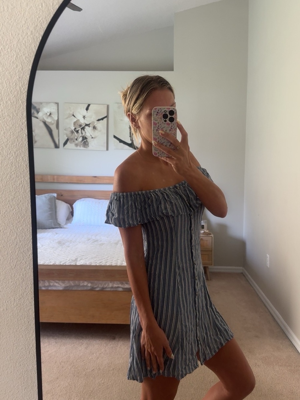 American Eagle Outfitters Blue and White One-Shoulder Striped Dress